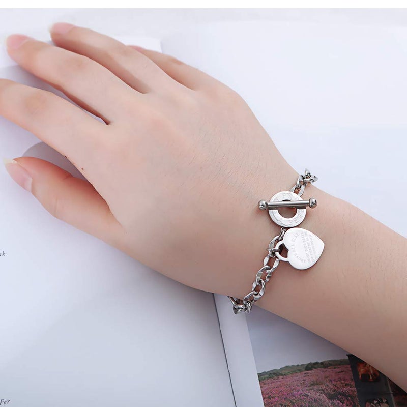 kelistom 316L Stainless Steel Love Heart Charm Bracelet for Women Romantic Gift Silver/Rose/18k Gold Plated OT Clasp Bracelets (silver) - Image 3